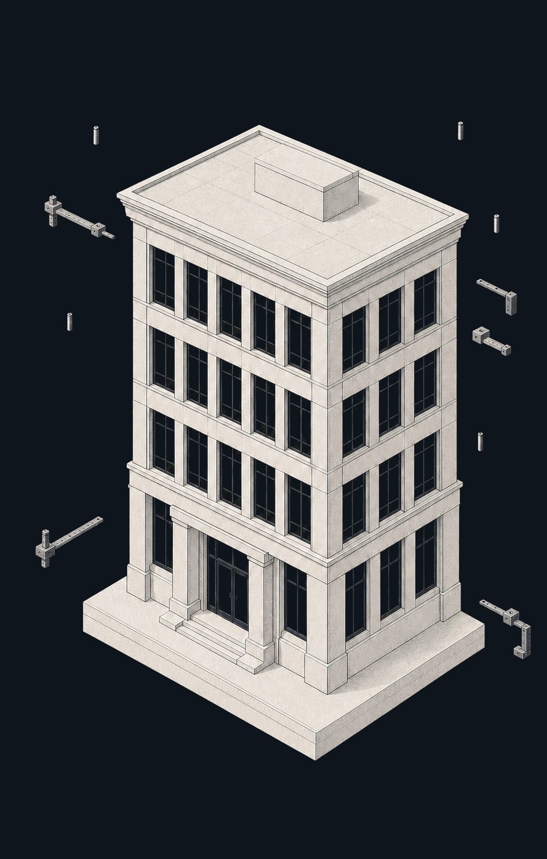 Engraved mid-rise building standing on a dark survey stage