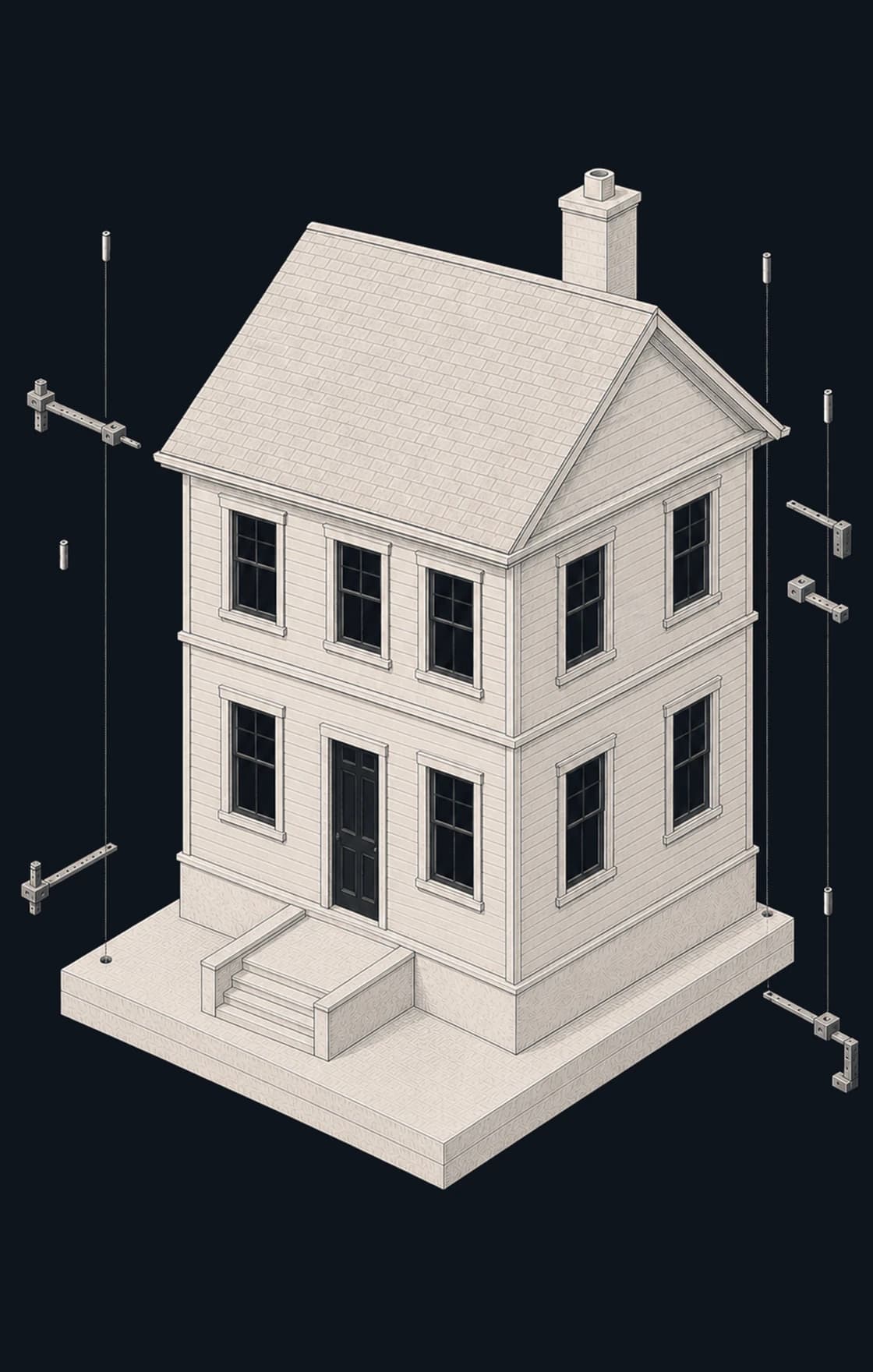 Engraved family house standing on a dark survey stage