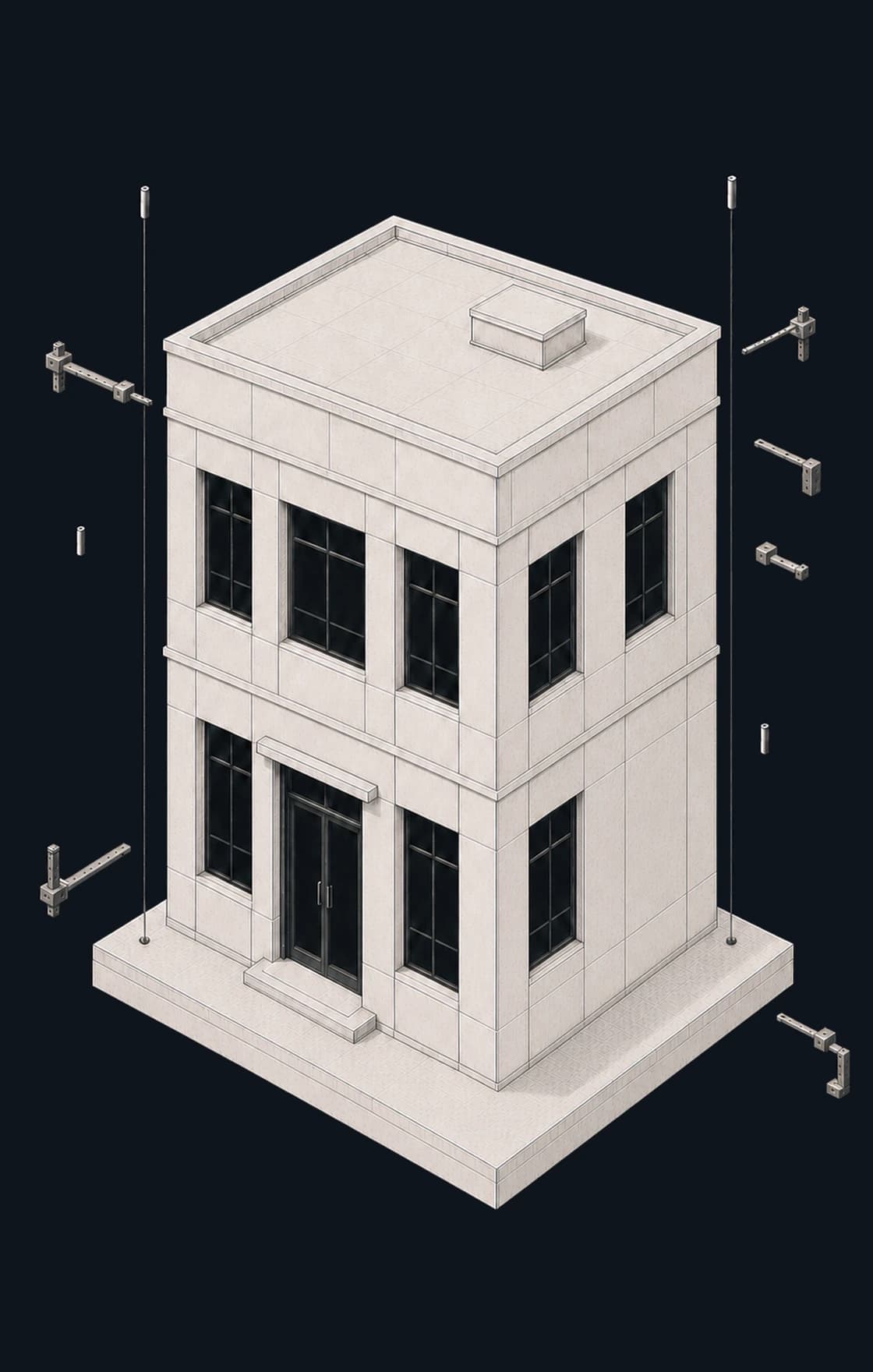 Engraved two-storey site office standing on a dark survey stage