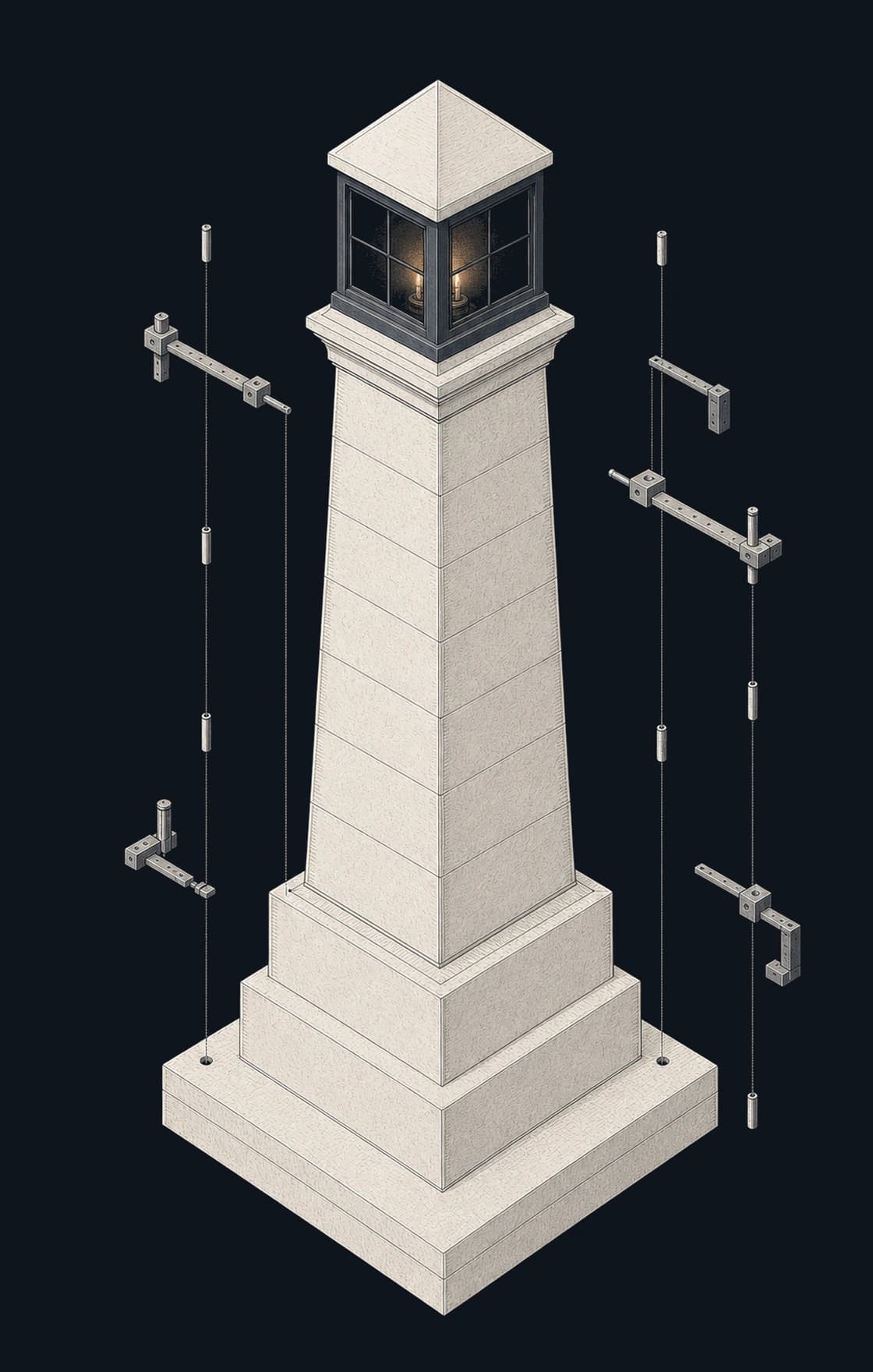 Engraved stone lighthouse column standing on a dark survey stage