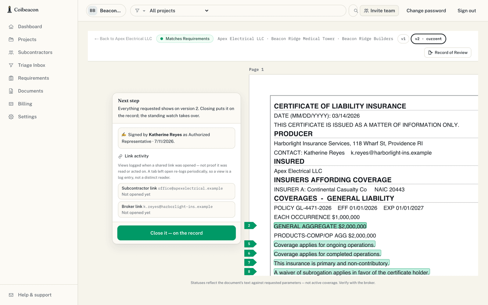 The evidence view: certificate lines highlighted where the engine located each requested endorsement, beside the reviewer's next-step panel.