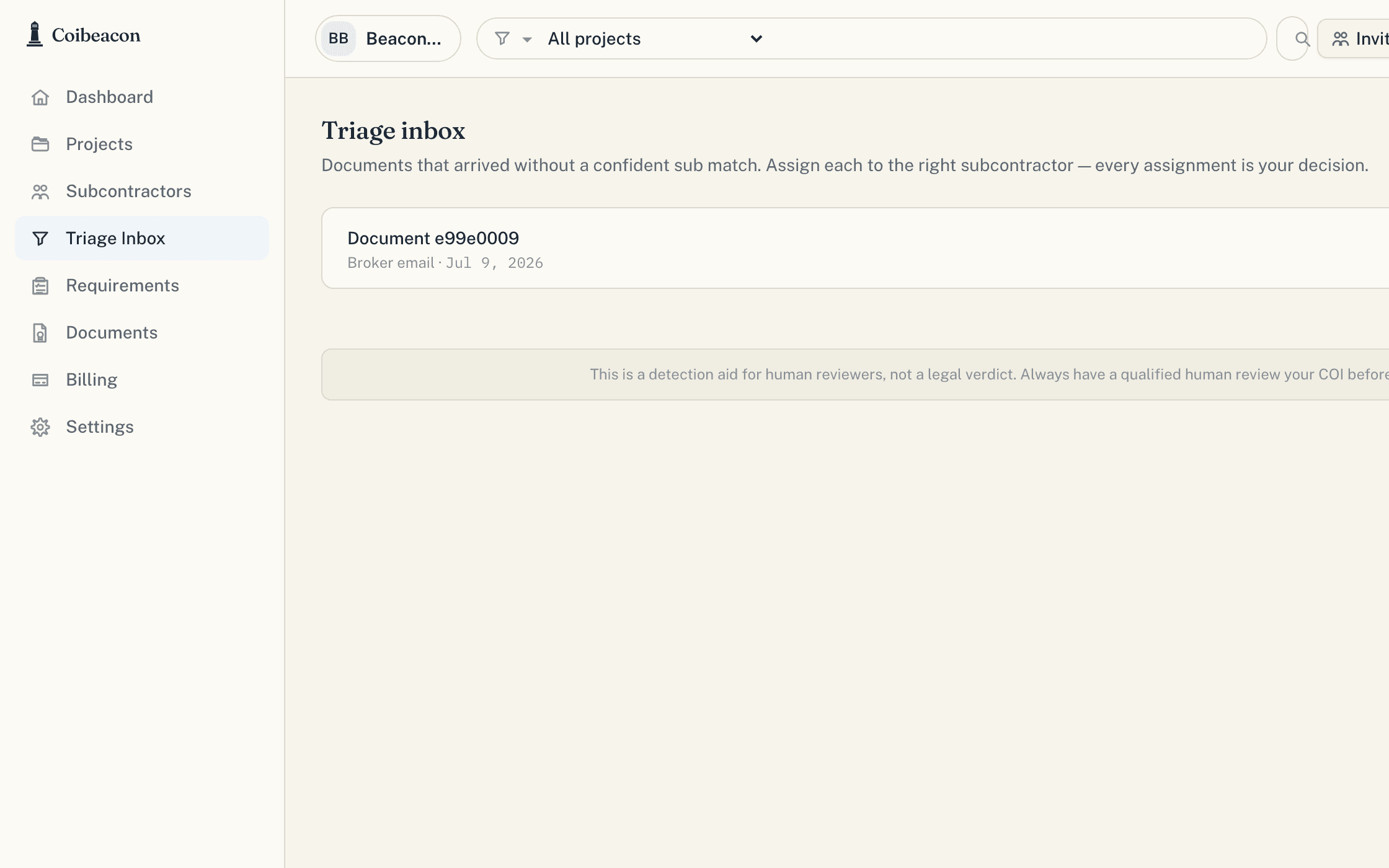 The triage inbox: a document that arrived without a confident subcontractor match, waiting for a human to assign it.